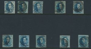 N° 7, planche I, 10 timbres placés du panneau gauche, tb/b
