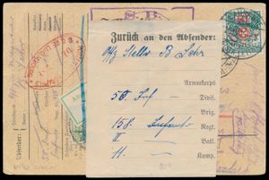 1915 Zeer interessante kaart van Lausanne met Zwitsers strafport, zegel met Feldpost stempel, met diverse stempels w.o. 50, Infant, Trier, rode ovaalstempel Luxemburg, Luxemburgs strafport met label 