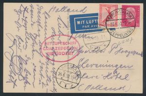 23.6.1930 N° 80Ia (Mi. Zeppelin Specialised), LZ 127 Duitse retourvlucht - Breslau drop-off fotokaart verzonden vanuit Berlijn naar Scheveningen, Nederland en gefrankeerd voor 25 pf, ovale hulpstempel 