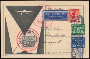 1929 Carte imprimée par premier vol de nuit, divers cachets, avec 