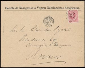 Interessante samenstelling poststukken en buitenlandse zegels met Nederlandse stempels, aardig Suriname, brief van Rotterdam naar Anvers 1884 gefrankeerd met puntstempel 91 en naast zegel kleinrond  Rotterd: - Tulpstr. (waarde voor stempel 300pt!), tevens 2 stukken Brazilië, zm/m