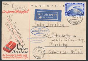 10.10.1928 N° 7 (Mi. Zeppelin Specialised), LZ 127 Amerikafahrt gekleurde geïllustreerde ansichtkaart (Oktoberfest-thema, inclusief sigarettenreclame) verzonden naar Berkeley, Californië, ovale zeppelinvluchtstempel in blauw tweemaal aangebracht, transitstempel New York, gefrankeerd met een postzegel van 2 RM (Michel 423), lichte kreukels, zm