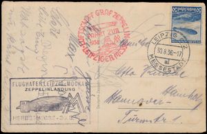 30.8.1936 N° 553a (Mi. Zeppelin Specialised), LZ 127 Leipzig Fair Flight fotokaart verzonden vanuit Leipzig naar Hannover en voorzien van een 50pf postzegel met reguliere c.d.s., zeppelin vluchtstempel in het rood en privé rechthoekige stempel in het zwart 