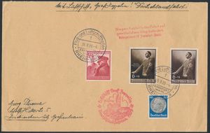 26.8.1939 N° 31 (Mi. Zeppelin Specialised), LZ 130 Final Flight-brief gefrankeerd met vier verschillende postzegels, waaronder de Nürnberg Party Day uit 1939 (Michel 701), allemaal voorzien van een speciale poststempel uit Frankfurt, zeppelin-vluchtstempel in het rood, een interessant document van historische waarde, aangezien het aan boord was van de allerlaatste commerciële vlucht van een zeppelinluchtschip voor de Tweede Wereldoorlog, zm