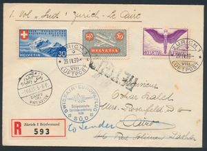 29.4.1939 SWISSAIR Europa-vlucht ter gelegenheid van de Zwitserse Nationale Tentoonstelling van 1939, aangetekende brief verzonden vanuit Zürich naar Caïro, Egypte, gefrankeerd voor 1fr80rp, postzegels afgestempeld in Zürich, speciale vluchtstempel in het blauw, teruggestuurd naar afzender, diverse doorvoer- en aankomststempels op zowel de voor- als achterkant, inclusief de uiteindelijke Zürich-retourstempel van 10.7, ongebruikelijk, m