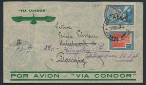 Argentine : 22.5.1935 N° 445A (Mi. Zeppelin Specialised), LZ 127 Enveloppe de vol en Amérique du Sud envoyée de Buenos Aires à Danzig, Allemagne, avec affranchissement argentin normal et cachet de vol en zeppelin sur le recto, oblitération d’arrivé au verso, destination inhabituelle, tb
