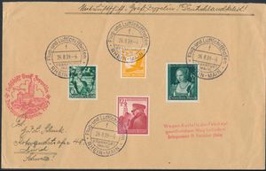 26.8.1939 N° 31 (Mi. Zeppelin Specialised), LZ 130 Laatste vlucht brief verstuurd naar Zürich, Zwitserland en gefrankeerd met vier verschillende postzegels, waaronder de Duitse kunstdag van 1939 (Michel 700), allemaal voorzien van een speciale poststempel uit Frankfurt, zeppelinvluchtstempel in het rood, een interessant document van historische waarde, aangezien het werd vervoerd aan boord van de allerlaatste commerciële vlucht van een zeppelinluchtschip vóór de Tweede Wereldoorlog, zm