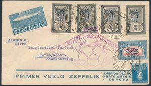 Argentine : 21.5.1930 N° 68Fa (Mi. Zeppelin Specialised), LZ 127 Lettre aérienne argentine envoyée à Herne, Allemagne, affranchie avec des timbres argentins Zeppelin avec surcharge bleue (4 x 50c + 1P), ainsi qu'un timbre-poste normal de 12c, Cachet spécial 