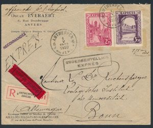 1929 N° 292D en 292F op voorzijde, 292C gekleefd op achterzijde, op aangetekende expresbrief (in kader zwart 