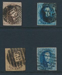 N° 6 and 7, 4 copies fully margined and with central cancel P.82 and P.82 (8 bars), vf