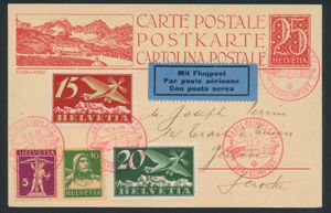 12.10.1930 N° 139Aa (Mi. Zeppelin Specialised), LZ 127 Zwitserse vlucht Bern-Basel, Zwitserse 25rp-ansichtkaart met toeslag en verstuurd naar Genève, uitstekende kwaliteit, zm