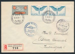 15.5.1939 SWISSAIR Europa Flight ter gelegenheid van de Zwitserse Nationale Tentoonstelling van 1939 aangetekende brief verzonden van Zürich naar Odensee, Denemarken, gefrankeerd voor 1fr80rp en afgestempeld met het speciale poststempel van de tentoonstelling, transit c.d.s. op de voorkant en aankomst c.d.s. op de achterkant, zm