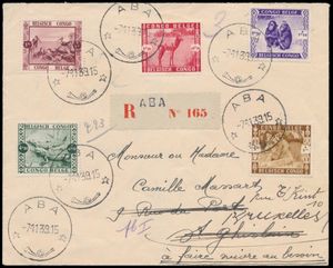 1939, enveloppe recommandée affranchie avec la série complète (5 valeurs) de l'émission Zoo de 1939 (COB n° 209/213), envoyée d'Aba le 7 novembre 1939 à St-Ghislain en Belgique où elle est arrivée le 18 novembre, transmise à Bruxelles, note manuscrite du facteur et étiquette (au verso), tampons rares, tb
