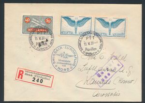 15.5.1939 SWISSAIR Europa-vlucht ter gelegenheid van de Zwitserse Nationale Tentoonstelling van 1939, aangetekende brief verzonden vanuit Zürich naar Kaunas, Litouwen, gefrankeerd voor 1fr80rp en afgestempeld met speciale tentoonstellingspoststempel, vluchtstempel naast in blauw, transit- en aankomststempel op de achterkant, zm