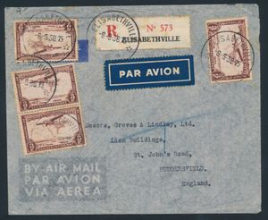 1938 Einschreiben, frankiert mit vier PA 10-Marken, versandt aus Elisabethville am 8.9.38 nach Großbritannien, einwandfrei/schön