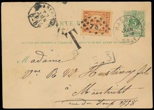 1881 Carte postale de Hasselt à Maastricht, tarif frontalier, mais le tarif des lettres s'appliquait aux cartes postales, d'où le surtaxe 