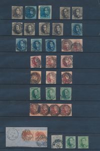 N° 1/13, verzameling klassiek (24 ex.), met paren, griffen, enkele afstempelingen, variëteiten o.a. N° 1, 2A (2x), 3 (6x), 4 (4x), 5 (4x), 12Ab in strip van 4 ,enz.. voor de specialist, zm/m
