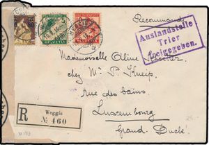 1916 Mooie brief aangetekend van Weggis naar Luxemburg, driemaal gecebsyreerd in Trier, interessante frankering met Yv. n° 148/50 (zegelwaarde 150!), zm