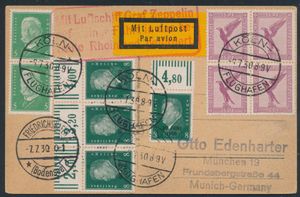 6.7.1930 N° 88a (Mi. Zeppelin Specialised), LZ 127 Köln - Friedrichshafen Vluchtansichtkaart verstuurd naar München met een kleurrijke frankering bestaande uit zowel luchtpost- als normale postzegels, zeppelinvluchtstempel in rood, mooie promotieafbeelding op de voorkant met verschillende elementen die verwijzen naar filatelie, zm