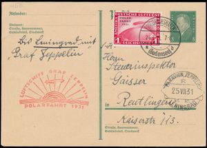 24.7.1931 N° 202a (Mi. Zeppelin Specialised), LZ 127 Poolvlucht 8pf briefkaart verzonden naar Reutlingen, Duitsland en opgewaardeerd met een 1 RM postzegel met opdruk POLAR-FAHRT 1931 (Michel 456, cat. waarde op brief €250), gestempeld door Friedrichshafen c.d.s. en helemaal naar Leningrad vervoerd, met landingsstempel en zeppelinvluchtstempel in rood, cat. waarde voor de vlucht is €220, ongebruikelijk, zm