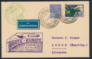 23.8.1933 N° 133Aa (Mi. Zeppelin Specialised), LZ 127 Zuid-Amerika Vluchtkaartje verzonden op de terugweg van Rio de Janeiro naar Lorch, Duitsland en gefrankeerd met reguliere Braziliaanse postzegels, zeppelin vluchtstempel in violet, speciale landingsstempel Friedrichshafen in groen ernaast, uitstekende kwaliteit, zm