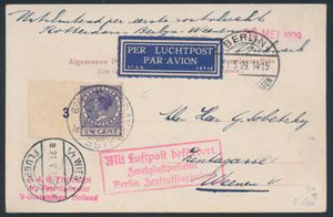 1929 Carte vue tunnel ferroviaire de Baarn envoyée par premier vol postal Rotterdam-Berlin-Vienne affranchie avec timbre roulant 