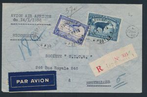 1938 Brief, frankiert mit Nr. 178A und PA 11, versandt aus Leopoldville am 14. Januar 1938 „BY AIR AIR AFRIQUE” nach Brüssel, gestempelt am 19. Januar 1938, sehr guter Zustand