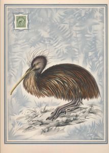 Vogels: Prent groot formaat naar J. Gould (1848) met afdruk zegel New Zealand 