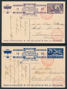 1.8.1928 Zwitserse nationale feestdag geïllustreerde ansichtkaarten (bejaarde man met jong meisje) 25rp en 40rp (Michel P134 - P135), beide gevlogen van Bazel naar La-Chaux-de-Fonds met rode vertrek- en aankomststempels, een mooi duo, zm