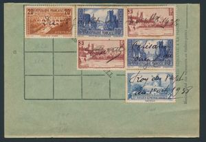 1938 Bijdragekaart van vakbond beplakt met hoge waarden, w.o. Pont du Gard, niet vaak aangeboden, m