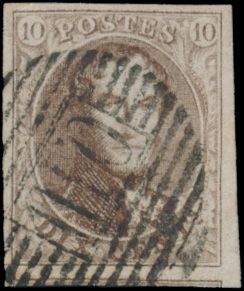 Nr. 10 „10c. braun”, vollrandig mit horizontaler Verlängerung der rechten Eckkante, mehrere griffen, Abstempelung „O.III”, einwandfrei (COBA 30 €)