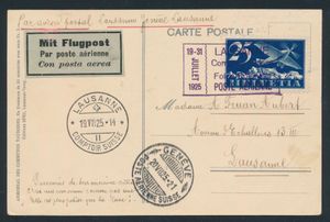 19.7.1925 Lausanne Colonial Fair geïllustreerde briefkaart vervoerd op de retourvlucht Lausanne-Genève-Lausanne, gefrankeerd met een postzegel van 25rp (SBK F5) met speciaal cachet 