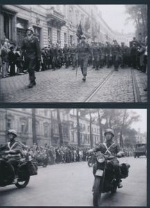 1944, three photos of the liberation parade by British troops in a festive Brussels in September 1944, and two photos of families leaving or arriving, vf