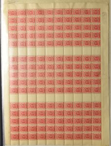 Verzameling van 34 vellen, w.o. N° 53 (100 stuks), TX 5 (6 panelen van 50),  N° 166 (100 stuks), N° 777 (50 stuks), N° 3135, alle 6 platen (60 stuks in 1 vel), N° 567 (paneel van 20 stuks), N° 503 in volledig vel (2 x 15 stuks), N° 429 plaatnummer 2 (twee vellen van 150 stuks), N° 430, plaatnummer 12 (drie vellen van 150 stuks), N° 431 plaatnummer 3 (vel van 150 stuks), N° 431 plaatnummer 4 (vel van 150 stuks), OC 11, OC 12, OC 13 en OC 16 (Bezettingszegels allen in vel van 100 stuks), N° 81 in 3 panelen van 25 stuks met tussenpaneel, N° 211 plaatnummer 3 (vel van 150 stuks), N° 212 plaatnummer 5 (vel van 100 stuks), N° 140 in veldelen van 50 stuks (tweemaal), N° 273 vel van 100 stuks, N° 108 (Preo met Brussel 14 Bruxelles), in volledig vel van 100 stuks met tussenpaneel, N° 570 in vel tweemaal 100 met tussenpaneel, N° 378 plaatnummer 4 in vel van 50 stuks, zm/m (OBP €7.575)