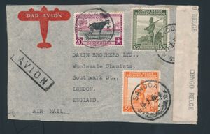 1945 Airmail letter franked with N° 246, 262 and 263 sent from Sandoa on 15-3-45 to Great Britain, Congo wrapper type Aa and censor's stamp 