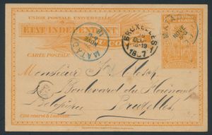 EP Stibbe No. 14, cancelled in Matadi on 28 November 1897, destination Brussels, arrival postmark 25 December 1897, vf.