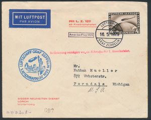 16.5.1929 N° 23b (Mi. Zeppelin Specialised), LZ 127 Amerikafahrt brief naar Ferndale, Michigan met een 4 RM postzegel (Michel 424) voorzien van Bordpost stempel, zeppelin vluchtstempel in blauw ernaast, evenals karmijnrode enkelregelige handstempel aangebracht toen het luchtschip een noodlanding moest maken in Cuers (waardoor de bezorging vertraging opliep), aankomststempel op achterzijde, zm
