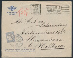 1934 Enveloppe-réponse, vol Uiver depuis l'Australie avec affranchissement supplémentaire n° 77, enveloppe pliée verticalement, belle lettre, tb