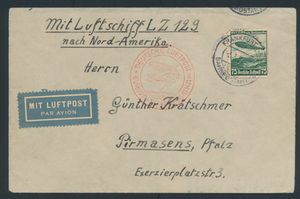 5,5.1936 N° 12a (Mi. Zeppelin Specialised), LZ 129 Zuid-Amerika-vlucht brief verstuurd naar Pirmasens, Duitsland en gefrankeerd met een 75pf luchtpostzegel (Michel 607) verbonden door reguliere Frankfurt c.d.s., zeppelinvluchtstempel in rood naast op de voorkant en aankomststempel van New York op de achterkant, zm
