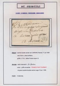1836/1845 St.-Ghislain, kleine verzameling van 1 zichtkaart en 3 voorlopers, w.o. een aankomst manuscript 