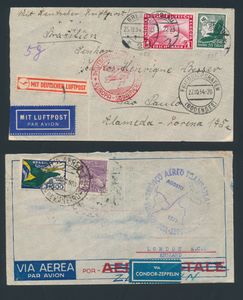 Eerste vluchten Zeppelin, 4 stuks, waaronder Argentinien Fahrt, Brasil-Europa, Transatlantic en Europa-Sudamerika. Telkens op volledige omslag, met mooie stempels, zie scans, zm