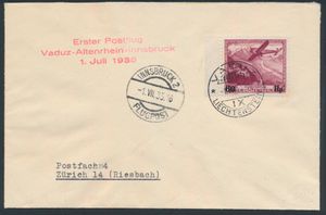 1,7.1935 N° 59 (Mi. Zeppelin Specialised), Vaduz-Altenrhein-Innsbruck Eerste luchtpostvlucht brief verstuurd naar Zürich en gefrankeerd met de 60rp op 1fr luchtpostzegel met toeslag voor deze specifieke vlucht (Michel 148), speciale 3-regelige vluchtstempel in rood en Innsbruck landingsc.d.s. naast elkaar op de voorkant, zm