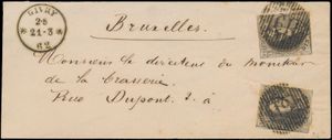 1862 Nr. 10 „10c. braun“, Abstempelung D.19-Givry (2 Marken), datiert 21. März 1862, nach Brüssel, einwandfrei/schön (COBA +60 €)