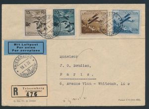 18.1.1935 luchtpost brief verzonden als aangetekende post van Triesenberg naar Parijs en gefrankeerd voor 95rp met vier waarden van de luchtpostuitgifte van 1930 (Michel 108-111), aankomststempel op de achterkant, zm