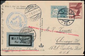 6.5.1929 N° 23 (Mi. Zeppelin Specialised), LZ 127 Amerikafahrt fotokaart verzonden vanuit Wenen, Oostenrijk, om per luchtschip naar Chicago te worden gevlogen, gefrankeerd bij vertrek voor 3S50g met twee Oostenrijkse luchtpostzegels, Friedrichshafen vertrekdatumstempel gedateerd 16.5.1929, evenals zeppelinvluchtstempel in blauw en enkelregelige handstempel in rood aangebracht toen het luchtschip een noodlanding moest maken in Cuers (waardoor de bezorging vertraging opliep), een vrij ongebruikelijke kaart, zm