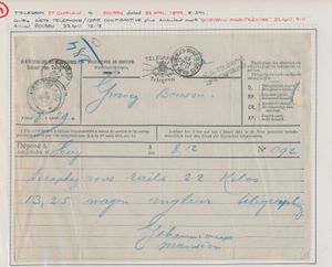 1899 Telegram, vanuit St Ghislain, met afstempeling in 8 hoek (met ster), dd. 22 april 1899, naar Boussu, met mooie zwarte stempel in 2 lijnen 