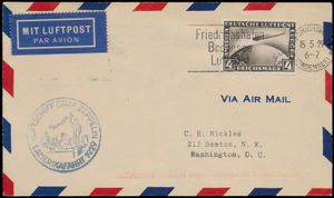 15.5.1929 N° 23a (Mi. Zeppelin Specialised), LZ 127 Amerikafahrt brief verzonden naar Washington, D.C. en gefrankeerd met een 4 RM postzegel (Michel 424) gestempeld door Friedrichshafen slogan c.d.s., zeppelin vluchtstempel in blauw naast een enkele regel handstempel in rood aangebracht toen het luchtschip een noodlanding moest maken in Cuers (waardoor de bezorging vertraging opliep), aankomststempel op de achterkant, zm