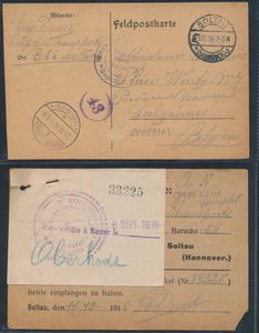 1915/1918 Belgische gevangenen in Soltau, Duitsland, 18 kaarten uit of naar Soltau w.o. verschillende kampstempels en censuren, zm/m