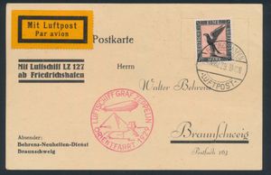 24.3.1929 N° 18Ia (Mi. Zeppelin Specialised), LZ 127 Orientfahrt-ansichtkaart verstuurd naar Braunschweig en voorzien van een postzegel van 1 M (Michel 382) met stempel van Friedrichshafen, met daarnaast een karmijnrode zeppelinvluchtstempel, zm