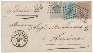 1867 N° 17, 18 en 19 op brief met inhoud, mooie tricolore afstempeling Pt.204-La-Louvière, dd. 5 augustus 67, naar Ancona (Italië), 